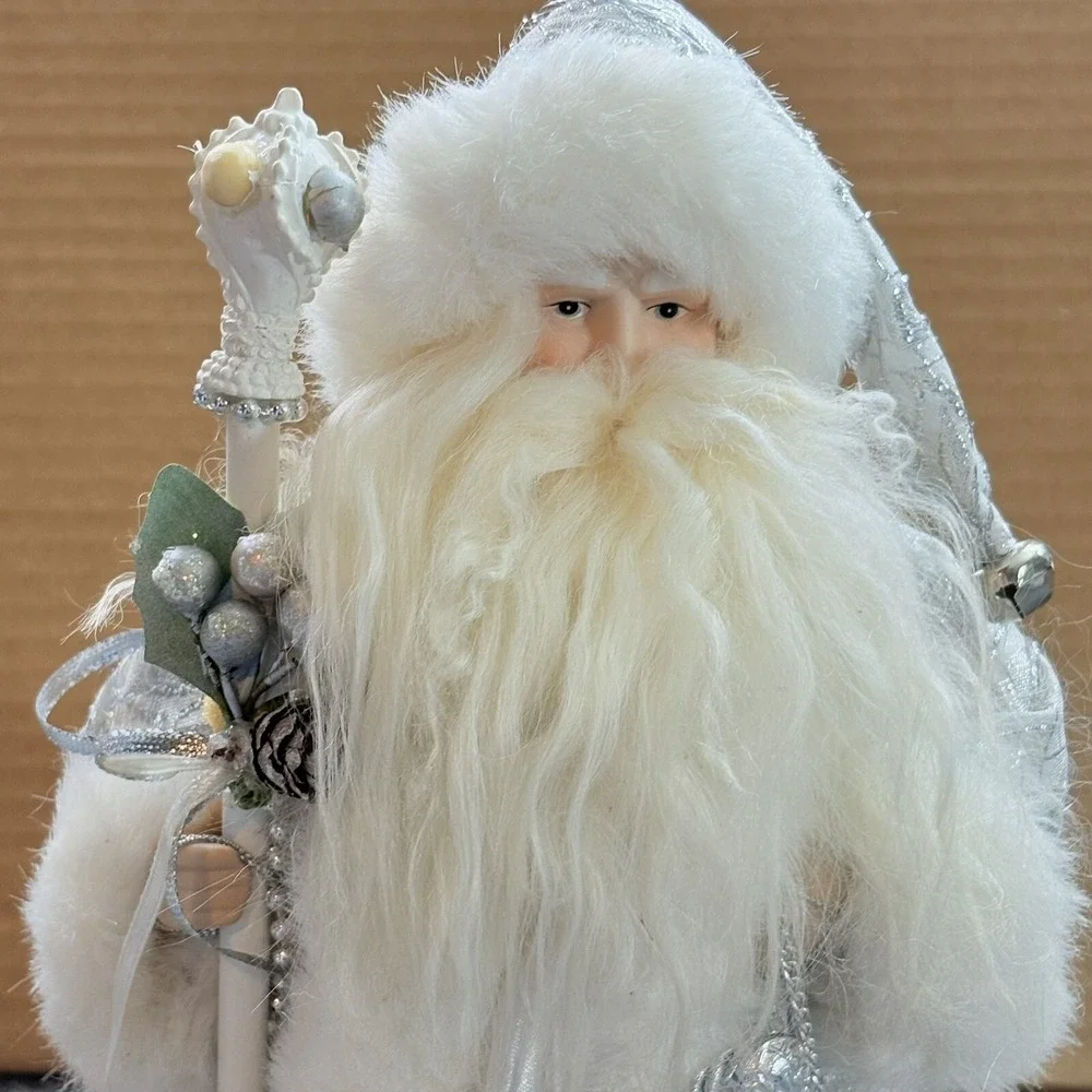 Vintage Old World Santa Tree Topper White Silver Fur Trim Holiday Decor Figurine